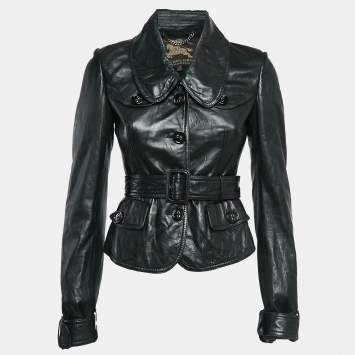 Pre Owned Burberry Black Leather Belted Button Front Jacket S