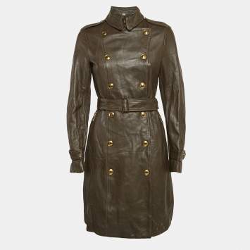 Pre Owned Burberry Brown Leather Double Breasted Trench Coat S