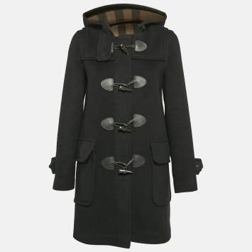 Pre Owned Burberry Black Wool Button Front Hooded Duffle Coat S