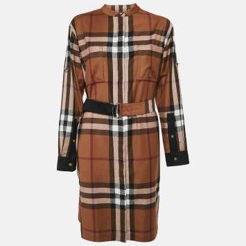 Pre Owned Burberry Brown Plaid Wool Belted Shirt Dress M