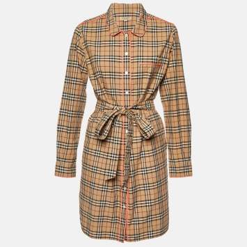 Pre Owned Burberry Beige Plaid Cotton Contrast Trimmed Mini Shirt Dress M