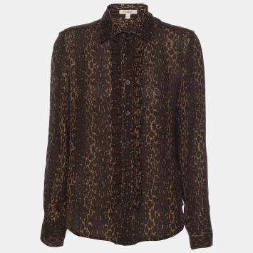 Pre Owned Burberry Brown Animal Print Silk Ruffle Detail Button Front Top M