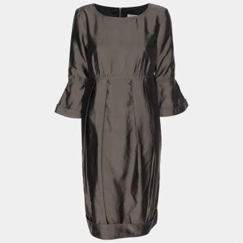Pre Owned Burberry Grey Silk Midi Dress S