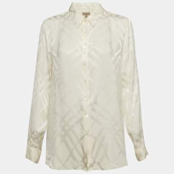 Pre Owned Burberry Cream Checks Pattern Satin Silk Long Sleeve Shirt L