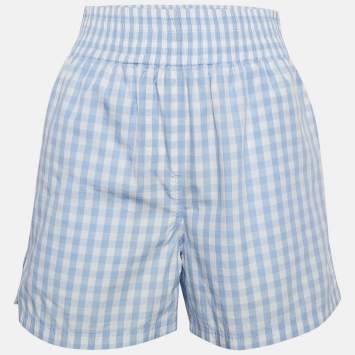 Pre Owned Burberry Blue/White Gingham Cotton High Waist Shorts XS