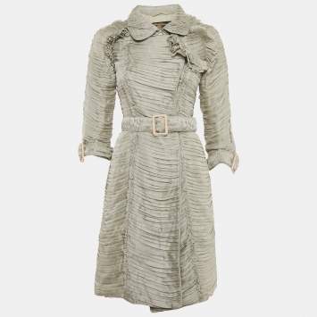Pre Owned Burberry Grey Silk Blend Ruffle Detail Belted Coat S