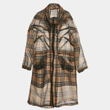 Pre Owned Burberry Brown Tartan Check Tulle Zip-Up Parka Coat M