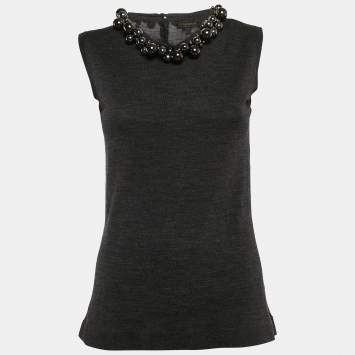 Pre Owned Burberry Prorsum Vintage Grey Embellished Wool Knit Sleeveless Top M