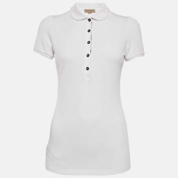 Pre Owned Burberry White Cotton Pique Puff Sleeve Polo T-Shirt S
