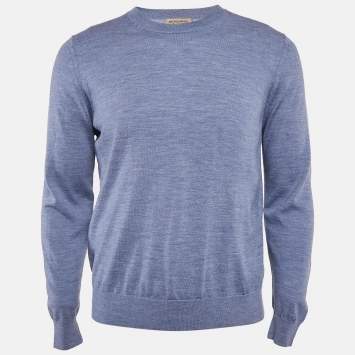 Pre Owned Burberry Blue Merino Wool Knit Elbow Patch Sweater XL