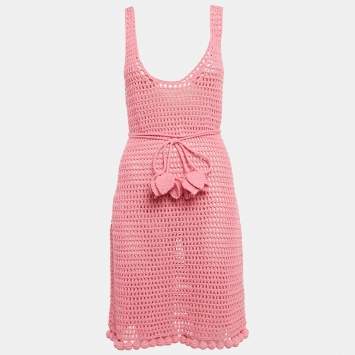 Pre Owned Burberry Pink Crochet Belted Tank Dress L