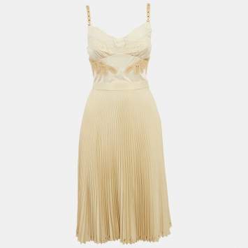Pre Owned Burberry Beige Lace and Crepe Pleated Stud Detail Short Slip Dress S