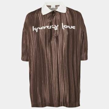 Pre Owned Burberry Brown Printed Plisse Polo Collar Top XS