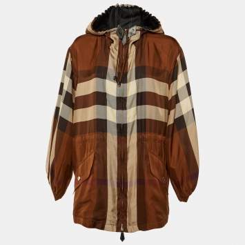 Pre Owned Burberry Brown Check Print Silk Zip Up Hooded Jacket M