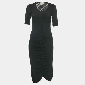 Pre Owned Burberry Black Jersey Ruched Bodycon Dress S