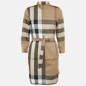 Pre Owned Burberry Brown Tartan Check Cotton Belted Mini Dress S