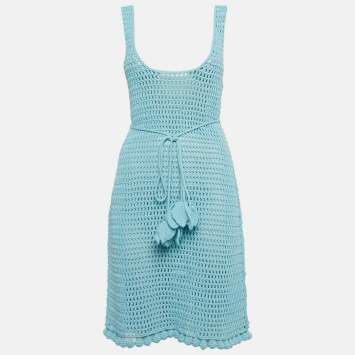 Pre Owned Burberry Blue Crochet Belted Sheer Tank Dress L