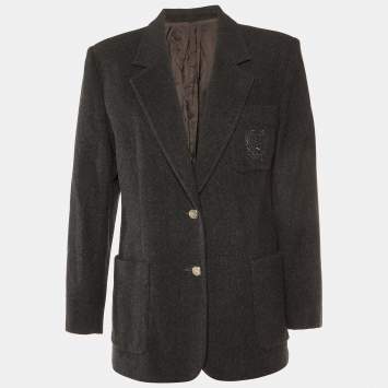 Pre Owned Burberry Vintage Charcoal Grey Wool & Cashmere Button Front Blazer M