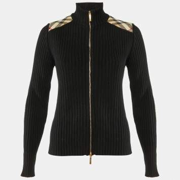 Pre Owned Burberry Black Rib Knit Zip Front Cardigan M