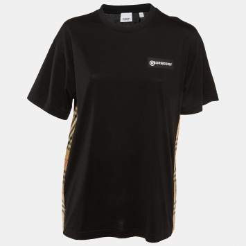 Pre Owned Burberry Black Cotton Check Paneled Oversized T-Shirt S