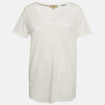 Pre Owned Burberry White Logo Embroidered Cotton V-Neck T-Shirt L