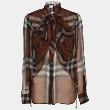 Pre Owned Burberry Brown Check Silk Button Front Blouse XS