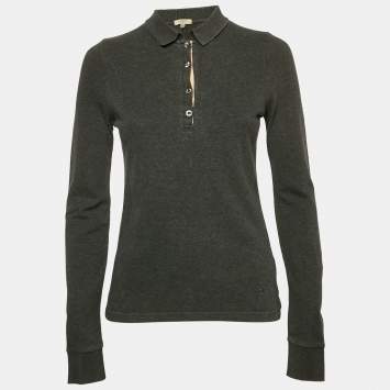 Pre Owned Burberry Grey Cotton Long Sleeve Polo T-Shirt S