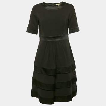 Pre Owned Burberry Black Satin Trim Silk Tiered Mini Dress S