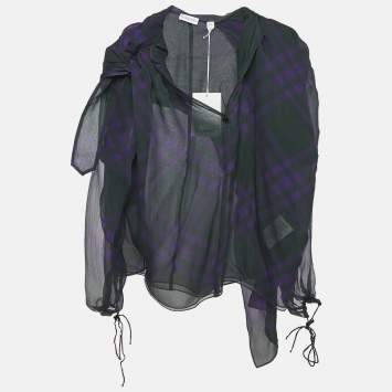 Pre Owned Burberry Dark Green/Purple Tartan Print Silk Long Sleeve Blouse S 