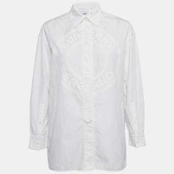 Pre Owned Burberry White Logo Print Cotton Oversized Shirt XS