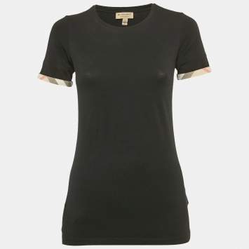 Pre Owned Burberry Black Stretch Cotton Cuffed Sleeve T-Shirt XS 