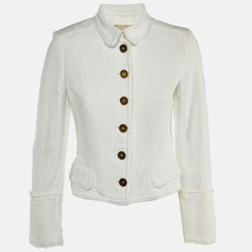 Pre Owned Burberry White Cotton Fringed Button Front Jacket S