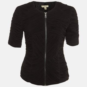 Pre Owned Burberry Black Crepe Plisse Zip Front Top S