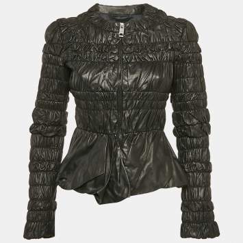 Burberry Black Leather Ruched Zip-Up Jacket S