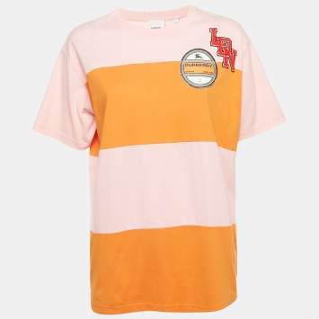 Pre Owned Burberry Pink/Orange Logo Applique Cotton Crew Neck T- Shirt S