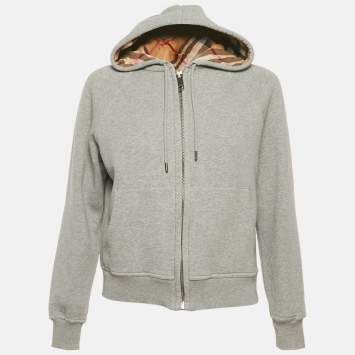 Pre Owned Burberry Grey Cotton Check Hooded Zip-Up Jacket S