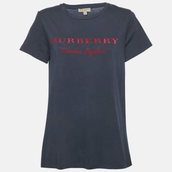Pre Owned Burberry Navy Blue/Red Logo Flocked Jersey T-Shirt XL