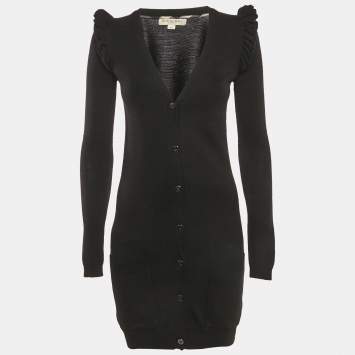 Pre Owned Burberry Black Rib Knit Wool Ruffled Sweater Dress XS