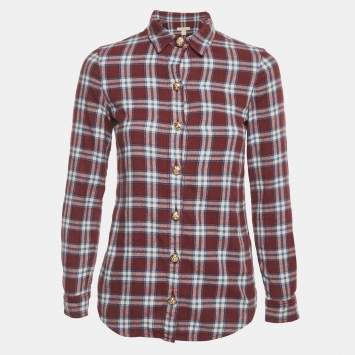 Burberry Burgundy Checks Cotton Long Sleeve Shirt XS