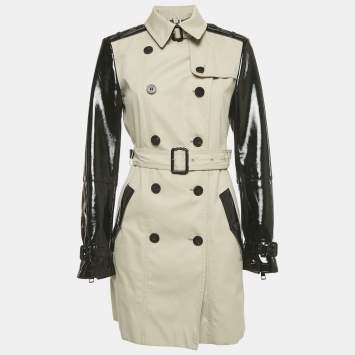 Pre Owned Burberry Beige/Black Gabardine and Faux Leather Short Trench Coat M