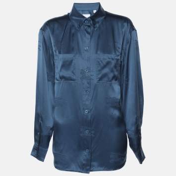 Pre Owned Burberry Midnight Blue Satin Logo Long Sleeve Shirt S