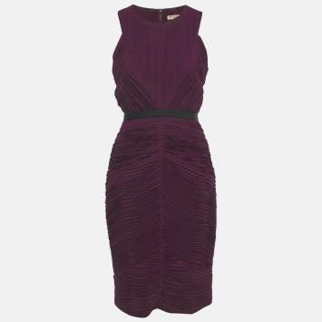 Pre Owned Burberry Burgundy Plisse Sleeveless Sheath Dress S
