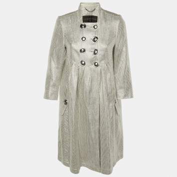 Pre Owned Burberry Silver Lurex Detail Double Breasted Coat M