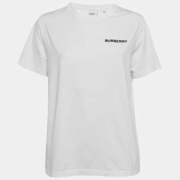 Pre Owned Burberry White Logo Embroidered Cotton Crew Neck T-Shirt S 