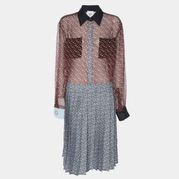Pre Owned Burberry Red/Blue Monogram Print Chiffon Shirt Dress S