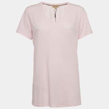Pre Owned Burberry Pink Logo Embroidered Cotton V-Neck T-Shirt L