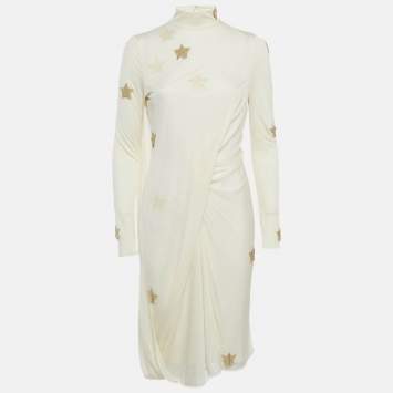 Pre Owned Burberry Cream Star Embellished Jersey Draped Knee-Length Dress S