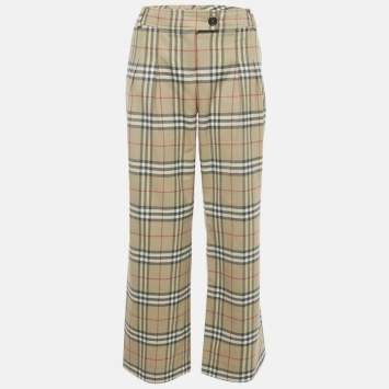Pre Owned Burberry Beige Check Print Wool Wide Leg Trousers S