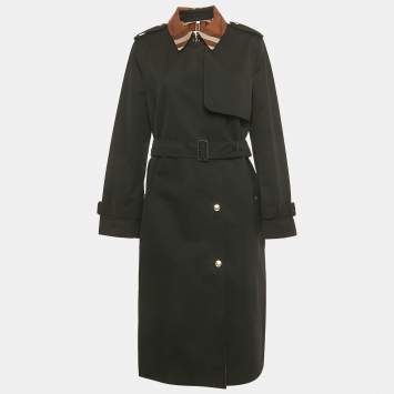 Pre Owned Burberry Black Checkered Print Collar Detail Cotton Sandridge Trench Coat L
