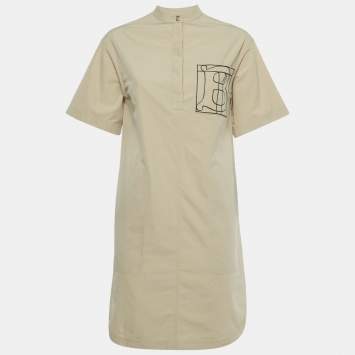 مملوكة مسبقًا Burberry Beige Cotton Monogram Embroidered Cotton Abbie Mini Dress XS